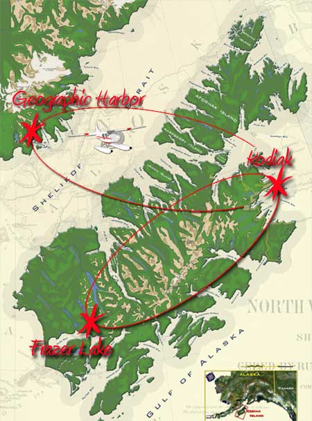 Illustrated map showing routes from Kodiak City across Kodiak Island to Frazer Lake and across Shelikof Strait to Geographic Harbor on the Katmai Coast