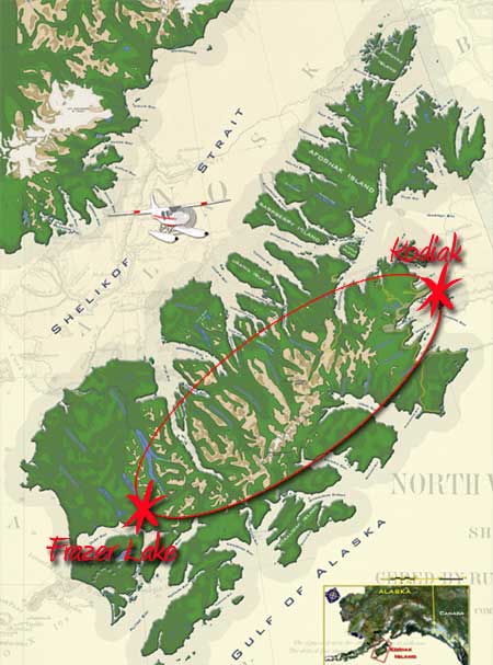 Typical June and July bear viewing route from Kodiak to Frazer Lake